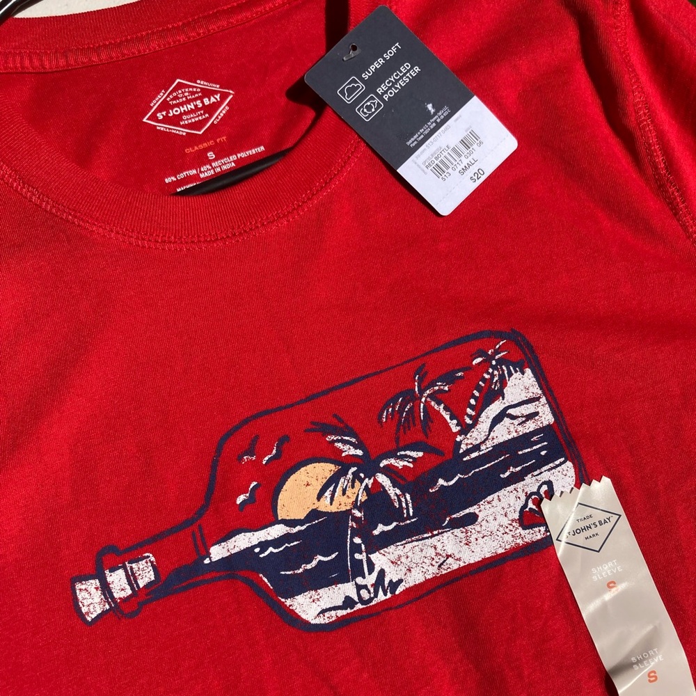 St. John’s Bay Beach Message in a Bottle Red T Shirt Castaway Palm Trees